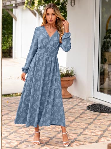 Image of Simplee Womens Boho Floral Long Sleeve Maxi Dress V Neck Empire Waist Fall Wedding Guest Dresses with Pockets