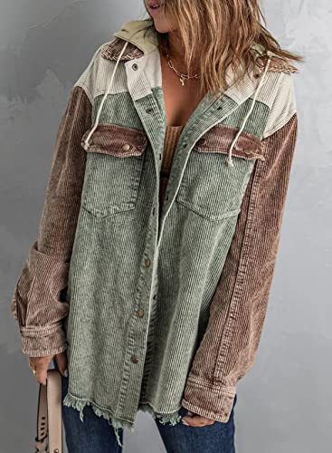 Womens Fall Corduroy Shacket Jacket Long Sleeve Button Down Color Block Hooded Coat with Pockets2