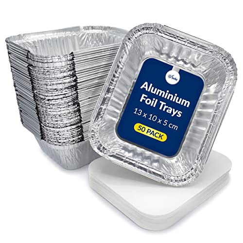 Ebake Kleine Aluschalen mit Deckel, Alu Grillschalen für Fast Food Läden, Zubereitung, Mahlzeitpläne Die Grillschalen Aluminium sind ideal für Backen, Speicherung und Gefrierschrank - 50er-Set Cover