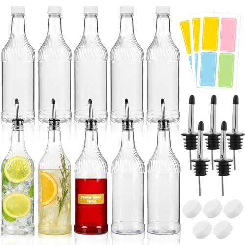 Image of 20 Pcs 32 oz Plastic Liquor Bottles Long Neck Bar Juice Pour Bottles with Liquor Pour Spout and Caps Snow Cone Syrup Bottles for Juice Alcohol