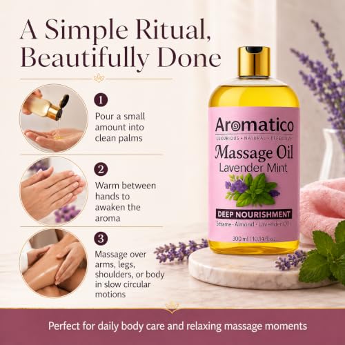Image of AROMATICO Lavender Mint Massage Oil. Seductive, Sensual Oil for Date Nights -300ml. Intimate, Romantic Massage Oil for Couples. Non-sticky Formula, Natural Ingredients