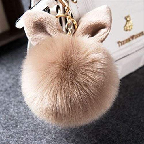 12 cm Rabbit Ears Fur Ball Bag Charms with Golden Keyring Pom Pom, Fluffy Fur Ball Keychain for Car Keyring, Charm Gift (Khaki)
