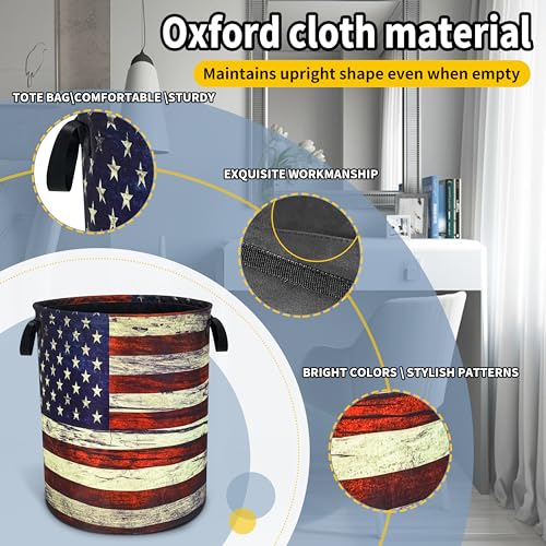 Image of Retro American Flag Laundry Basket Foldable Waterproof Hamper 18.9x16.5 In | Oxford Cloth With Reinforced Handles Lining Design Large-Capacity Storage For Bathrooms /Laundry Rooms / Living Rooms /Bedrooms