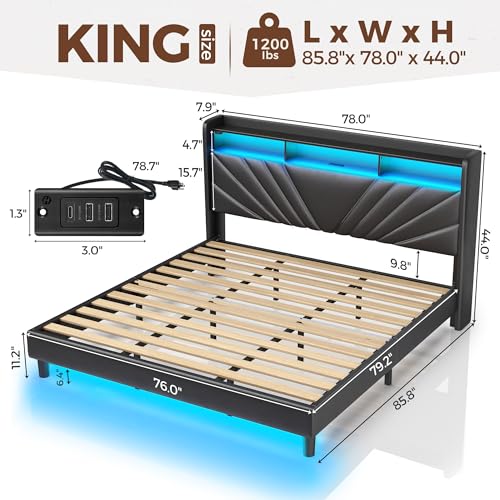 Image of Rolanstar King Size Bed Frame, Storage Headboard with Charging Station and LED Lights, Upholstered Bed with Heavy Duty Wood Slats, No Box Spring Needed, Noise Free, Easy Assembly, Black