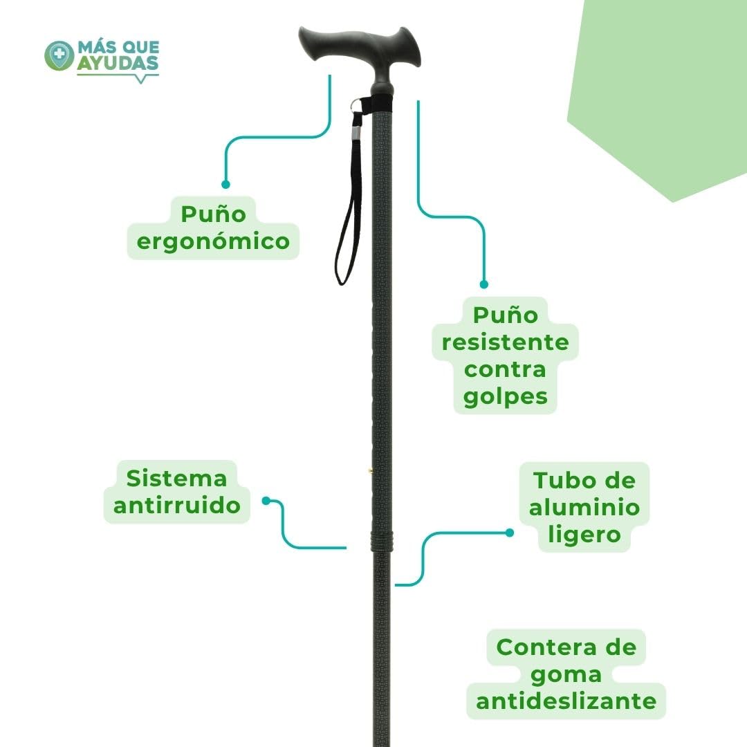 Bastón para Mayores y Adultos Ergo, Aluminio, Extensible y Portátil, Altura Ajustable 76-99 cm, Puño Ergonómico, Bastón para Caminar y Pasear, 300 g