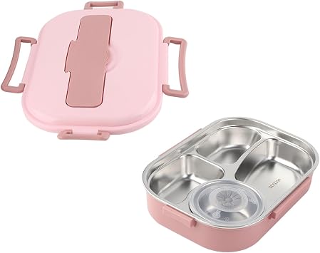 Stainless Steel Lunch Box 4?Grid Portable Box Food Storage Container for Adult 4Grid Lunch Box with Soup Bowl