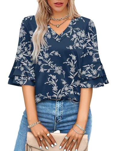 Image of OFEEFAN Spring Tops for Women Boho Shirts Fashion Clothing Cute 3 /4 Length Sleeve Blouses Dressy Casual Summer Outfits