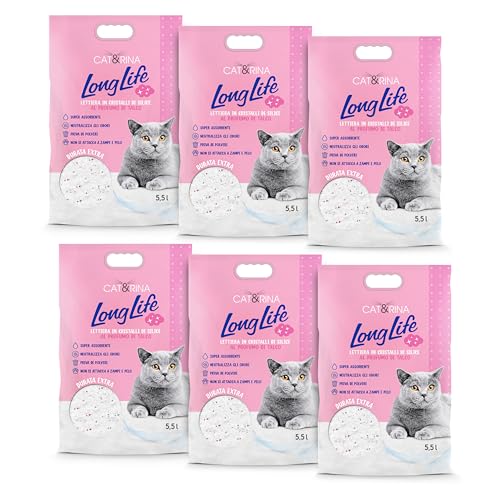 Cat&Rina LongLife al talco, kit 6 confezioni lettiera per gatti silicio da 5,5L cad. Lettiera gatto con cristalli di silicio. Pacco scorta fino a 6 mesi di sabbia gatti anallergica e batteriostatica.