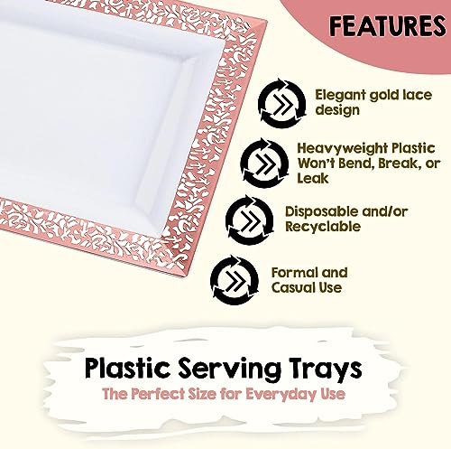 Yumchikel RIM Plastic Serving Tray & Platter Set (4Pk) White & Rose Gold Lace Disposable Party Trays & Platters thumb #2