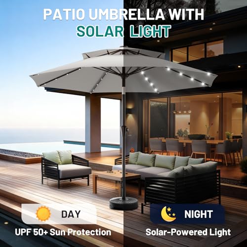Image of AreShark 9ft 2 Tiers Patio Umbrella with Solar Lights, Outdoor Umbrella w / 32 LED Lights&8 Sturdy Ribs, Table Umbrella for Deck, Backyard, Pool(Light Gray)