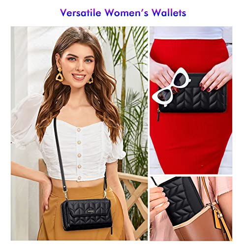 Image of nuoku Womens RFID Wallet Purse Wristlet Crossbody Clutch with Zip Around 2 Strap | RFID