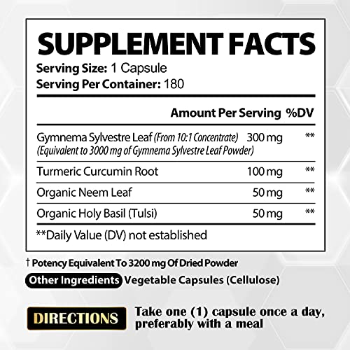 Gymnema Sylvestre Supplement 3200Mg - 6 Month Supply - Blended With Turmeric Curcumin & Neem Leaf, Holy Basil - Gurmar Capsules For Diabetes- 1 Pack 180 Vegan Capsules Extract #TOP5
