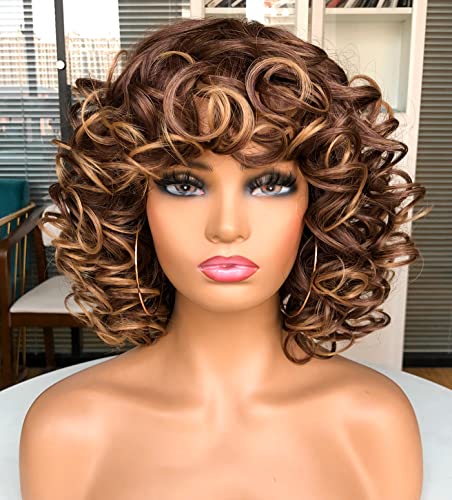 Short Afro Curly Wigs with Bangs for Women Kinky Curly Hair Wig Big Bouncy Fluffy Curly Wig(Ombre Blonde)
