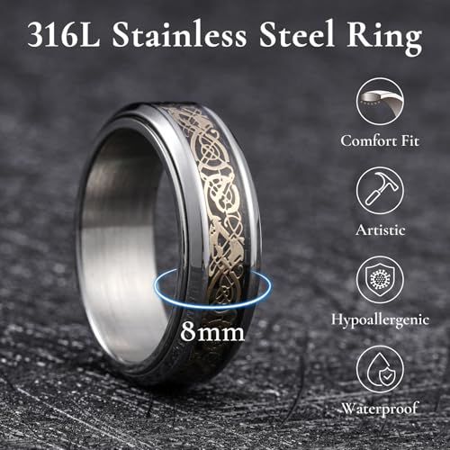 Image of King Will 316L Stainless Steel Spinner Ring for Men Women- 8mm Width Fidget Ring with Dragon /Celtic Knot Pattern, Stress Anxiety Relief Comfort Fit Wedding Band