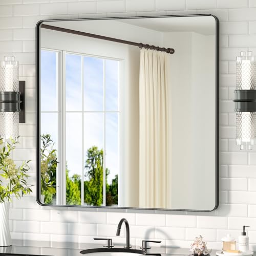 Image of TETOTE 36 x 36 Black Mirror for Bathroom Matte Black Metal Frame Mirror, Tempered Glass, Wall Mounted for Bathroom, Entryway, Bedroom, Living Room(Horizontal /Vertical)