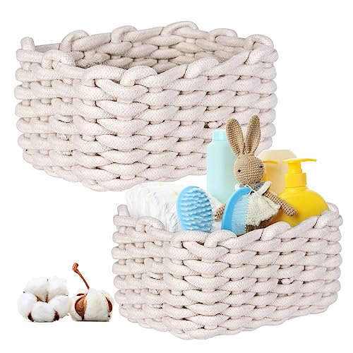 2 Pcs Aufbewahrungskorb Baumwolle, Baumwollseil Geflochten, Ablagekörbe Speicher Organizer Speicher Storage Basket für Kinderzimmer Wohnzimmer Bad D27xH17 CM + D33xH22 CM （Nicht-Gerade Weiss）