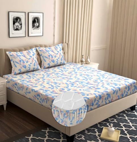 Image of HOMEKART 120 TC Cotton Rich ElasticCorner Fitted Bedsheet with 2 Pillow Covers | Double Bed 72x68+6 Inches | Wrinkle-Free, Super Soft & Breathable Floral Design | White