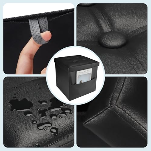 Image of Bsketa Storage Ottoman Bench,15 Inch Folding Leather Foot Rest Stool, Black | Small Ottoman with Side Pockets, Thicker Foam Padded Seat, Livingroom, Dorm, Bedroom, Easy to install, 40L, 15x15x15in