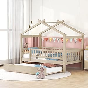 Twin Size House Bed with Trundle, Wooden Playhouse Kids Bed Frame with Roof and Fence, Montessori Style Bed with Guardrails for Kids, Teens, Boys, Girls, Natural. Twin Size House Bed with Trundle Wooden Playhouse Kids Bed Frame with Roof and Fence Montessori Style Bed with Guardrails for Kids Teens Boys Girls Natural