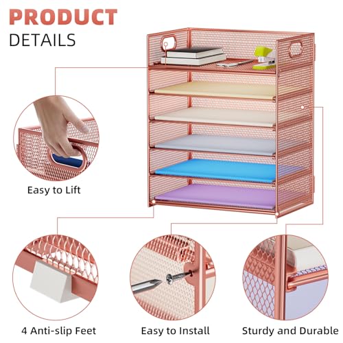 Image of Marbrasse 2 Pack Desk Organizer with Handle, 6 Tier Paper Letter Tray, Mesh Desk File Organizer for Office, School and Home - Rose Gold