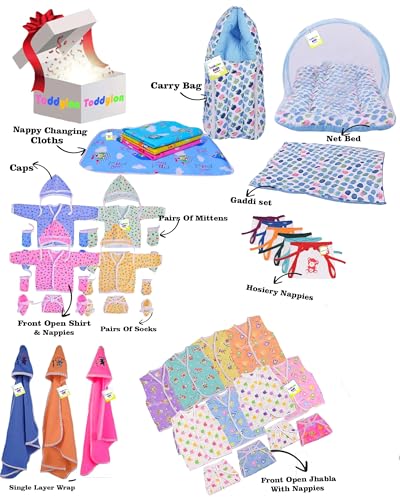 Image of Toddylon 56 in 1 New Born Baby Products All | Gift Packs | Maternity Kit | Baby Clothes | Baby Bedding Set | Essentials Items | Baby Shower | Combo Pack | Infants (Multicolor, 0-6 Months)