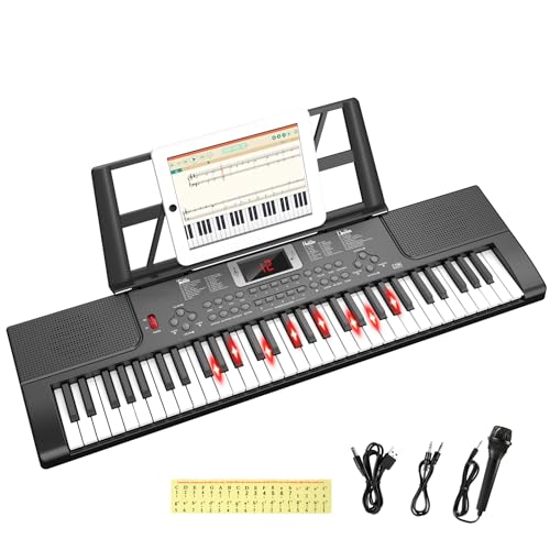 Shayson Piano électronique 61 Touches pour débutants avec Touches Lumineuses et Affichage LED, Double Haut-Parleur intégré, Modes d'apprentissage, pupitre (Noir)