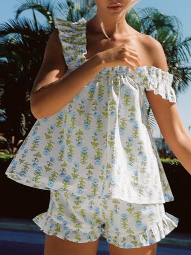 Farktop Womens Floral Print Pajama Sets Ruffle Trim Cami and Casual Shorts 2 Piece Lounge Set PJ2