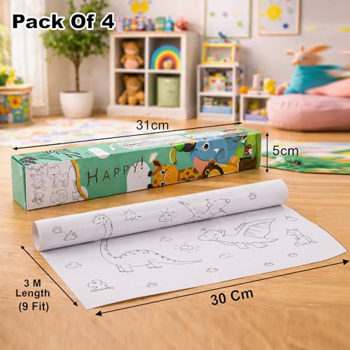 Image of WISHKEY Kids Drawing & Colouring Paper Roll 3 Meter 30CM Width Pack Of 4 Large Coloring Roll Sheet for Toddlers Creative Art Painting & Sketching Paper for Kids Age Above 3 Years