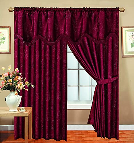 New Luxury Jacquard Fully Lined Heavy Pencil Pleat Malta Curtains With 2 Tie Backs (Malta-Burgundy, 66" x 90")