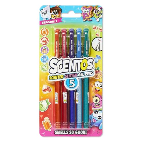 Scentos Scented Gel Pens for Kids - Assorted Colorful Pens - Fine Point Gel Pen Set - For Ages 3 and Up - 5 Count (Glitter)