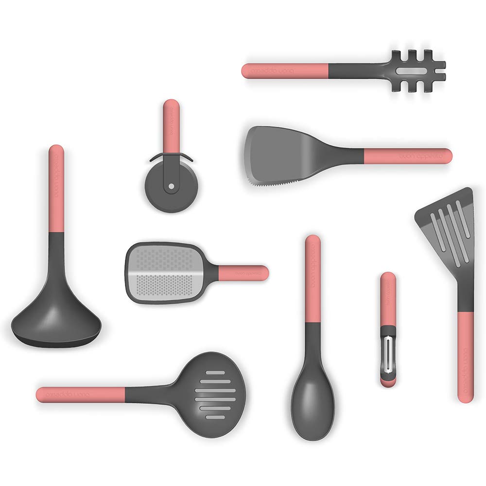 ROSSETTI INTELLIGENZA CASALINGHI Buon Appetito Kitchenware Set 9pc Gadget Utensil with Smart Rest Cookware Support (Pink)