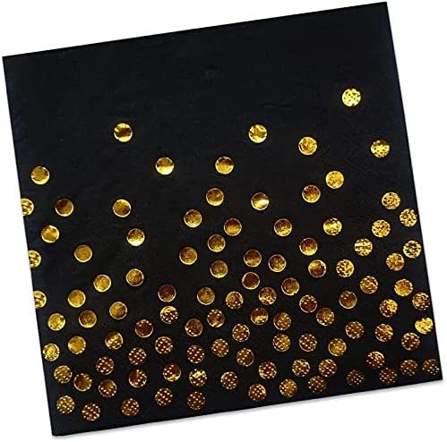 meioro Party Napkins Disposable Cocktail Paper Napkins, 2-ply Napkins,with Rose Gold Foil Polka Dot Confetti for Dinner, Wedding Shower and Birthday Decorations (60pcs, Black Paper Gold dots)