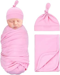 Dizila 2pcs Soft Stretchy Nursery Baby Girl Boy Newborn Receiving Swaddle Blanket with Matching Turban Hat Beanie (Light Pink)