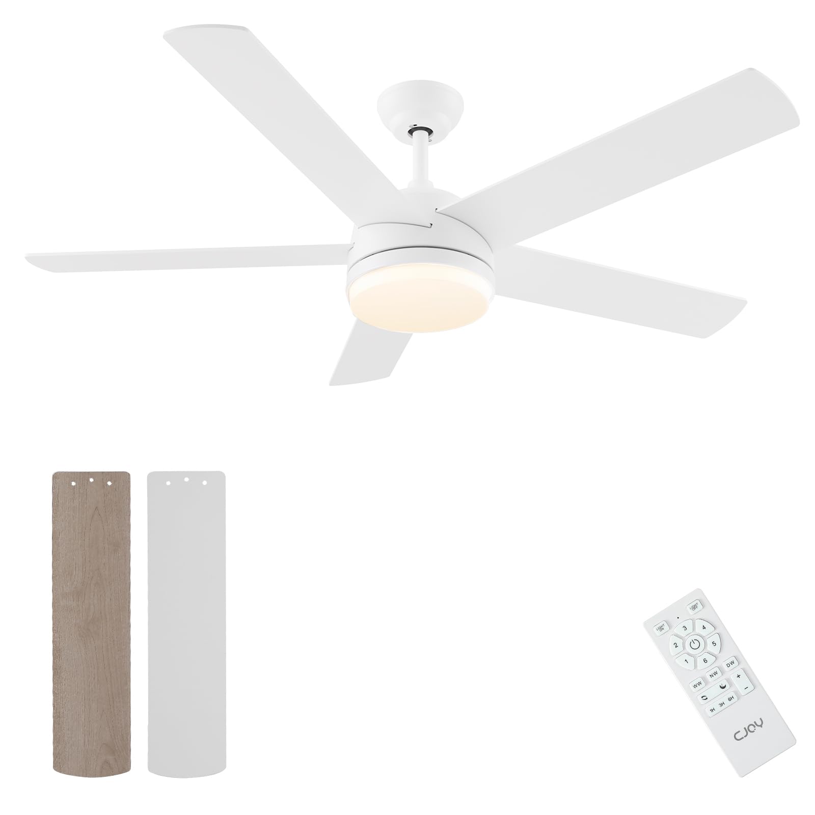 CJOY Ventilador Techo Grande, 152CM Ventiladores de Techo con Luz Silencioso, Reversible 5 Aspas, LED Regulable, Temporizador, 6 Velocidades, Blanco Madera 5 Aspas Para Dormitorio/Salon
