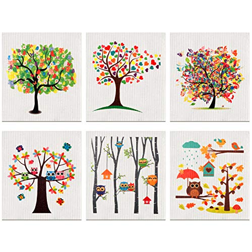 6 Pieces Swedish Dishcloths Mixed Trees Owls Kitchen Cloths Reusable Sponge Cleaning Cloths Absorbent Dish Cloth No Odor Cleaning Wipes Hand Towel for Kitchen Cleaning Tool, 6 Styles