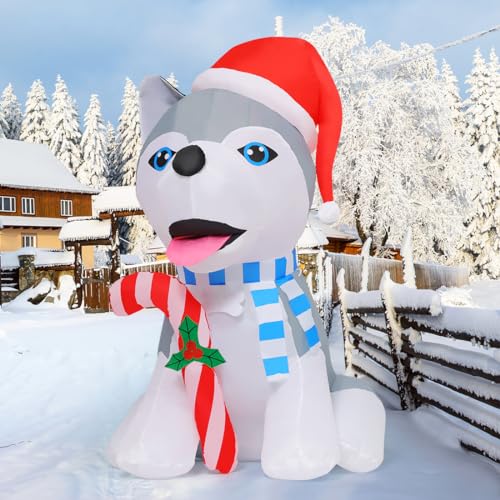 GOOSH 4 FT Christmas Inflatables Dog Outdoor Decorations Blow Up Husky Dogs
