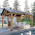 AMERLIFE 13x15 ft Wood Gazebo, Outdoor Gazebo with Bar Storage Space for Garden, Hardtop Gazebo with Metal Steel Gable Roof, Garage, Patio, Black + Natural Wood