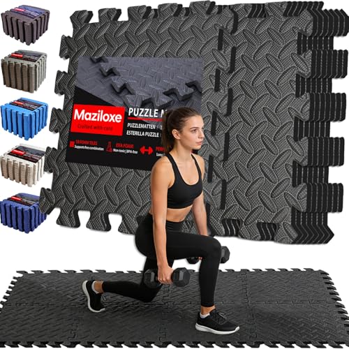 Maziloxe Gym Flooring for Home Gym 18 PCS Anti-Slip Interlocking Foam Floor Tiles 12.6x12.6x0.4 EVA Exercise Mats Puzzle Floor Mat For Workout Yoga Kids Play Area Treadmill Garage