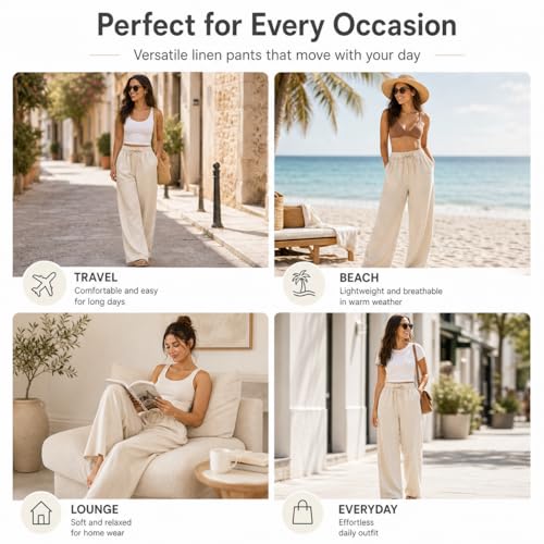 Image of Women Linen Wide Leg Pants High Waist Drawstring Elastic Waist Trousers Breathable Lightweight Summer Palazzo Pants Casual Travel Lounge Wear with Pockets