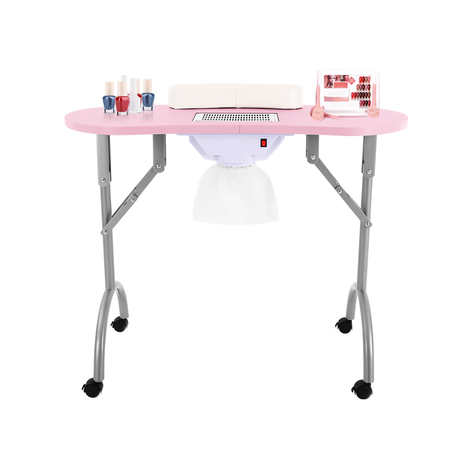 Mesa de manicura plegable con aspiradora, mesa de manicura plegable sobre ruedas, mesas móviles para succión de polvo, 3* portátil con bolsa de polvo, bolsa de transporte, para cuidado de uñas