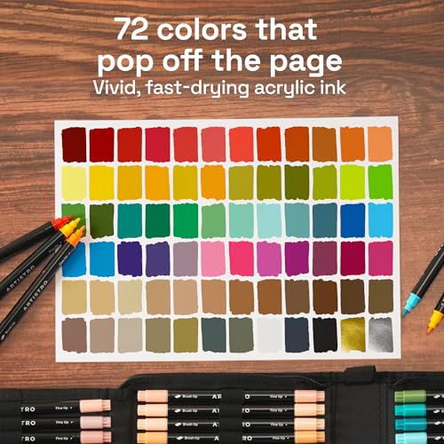 Image of ARTISTRO Acrylic Paint Pens With Storage Bag for Calligraphy - Markers With Brush and Fine Precision Tips - Multisurface Painting for Fabric, Rock, Glass, and More (72 Markers, Dual Tip Brush + Fine)