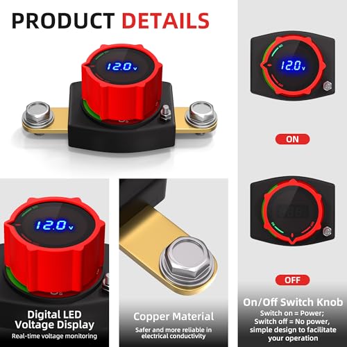 Image of Joinfworld Side Post Battery Disconnect Switch 12V-48V with Led Voltmeter Display, DC 5-60V Battery Kill Switch Waterproof Marine Battery Cut Off Switch 12 Volt for Car RV Boat ATV UTV Vehicles
