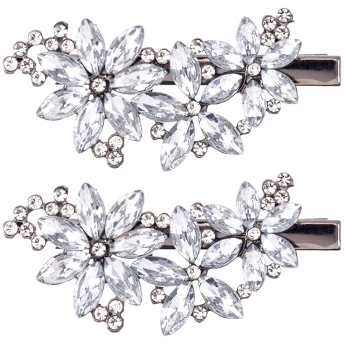 PAGOW 2 Pcs Flower Rhinestone Hair Clips Silver Crystal Hair Pins Flower Bridal Headpiece Wedding Hair Accessories for Brides Women