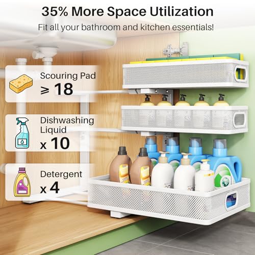 Image of Kitstorack Under Sink Organizer, 2-Pack 3-Tier Height Adjustable Thickened Metal Pull out Cabinet Organizer Shelf, Slide out Storage Drawer Rack for Bathroom Kitchen Pantry Home Laundry Organization
