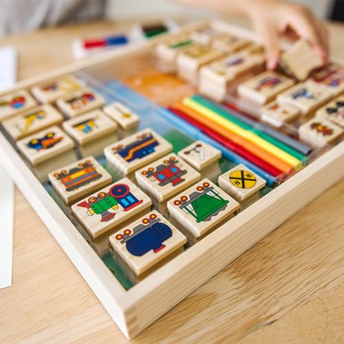 Image of Melissa & Doug Deluxe Wooden Stamp and Coloring Set - Vehicles (30 Stamps, 6 Markers, 2 Durable 2-Color Stamp Pads)