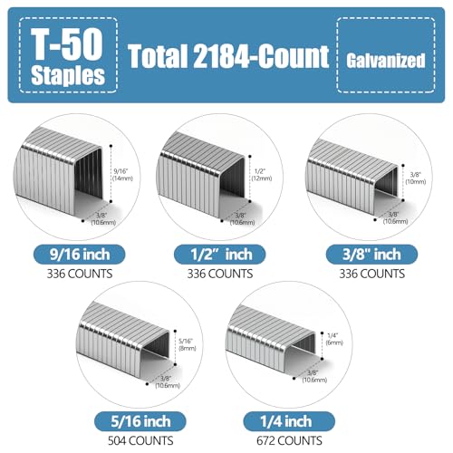 SITLDY Heavy Duty T-50 Galvanized Staples 2184-Count 5 Sizes Includes: 1/4\", 5/16\", 3/8\", 1/2\", 9/16\" Assorted Size Project Pack, for Pneumatic, Electric T50 Stapler