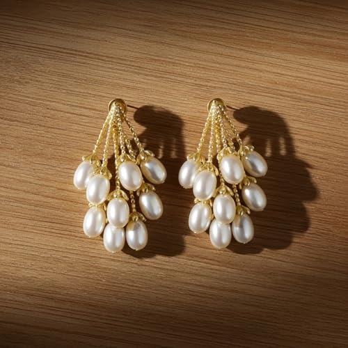 Image of ECLATS Pearl Drop Earrings, White and Gold Alloy Steel, Round Freshwater Pearls, Dangle Style, Push Back, Medium Size, Polished Finish, 2 Pieces