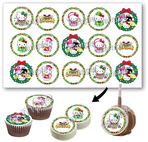 Hello pink Kitty cat for Christmas Kitty Kawaii Oreo cookies covered images, cupcake topper printed on edible paper sugar icing sheet, for cookie decorating, 15 circles 2