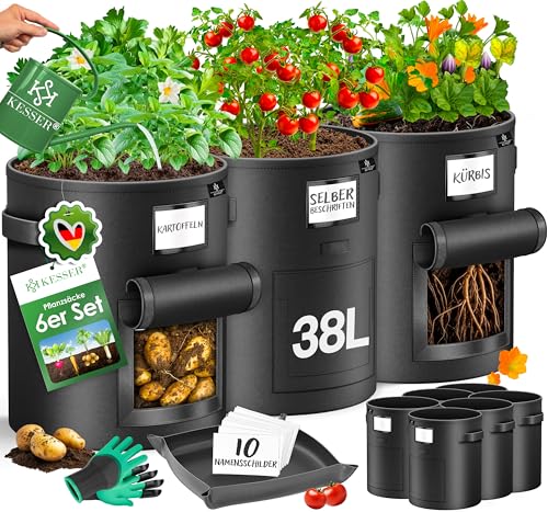 KESSER® Kartoffel-Pflanzsack 6-Set 38L | Kartoffel-Pflanzbeutel aus Vlies mit Namensschildern Pflanztasche mit Fenster & Griffen | Kartoffelpflanzgefäß waschbar mit Handschuhen & Arbeitsmatte Schwarz