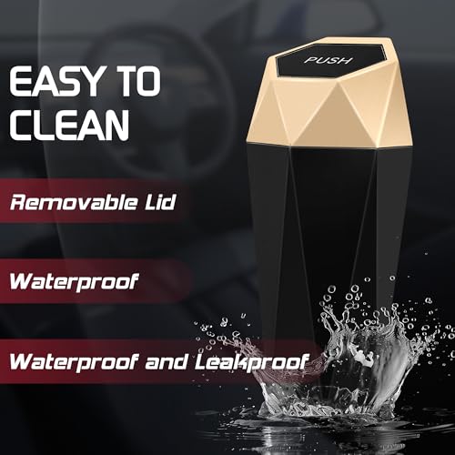 Image of Car Trash Can with Lid, Mini Car Trash Cup with 30 Additional Trash Bags, Car Accessories for Interior, Leakproof Vehicle Garbage Bin for Car, Home, Office - 2 Packs, Gold